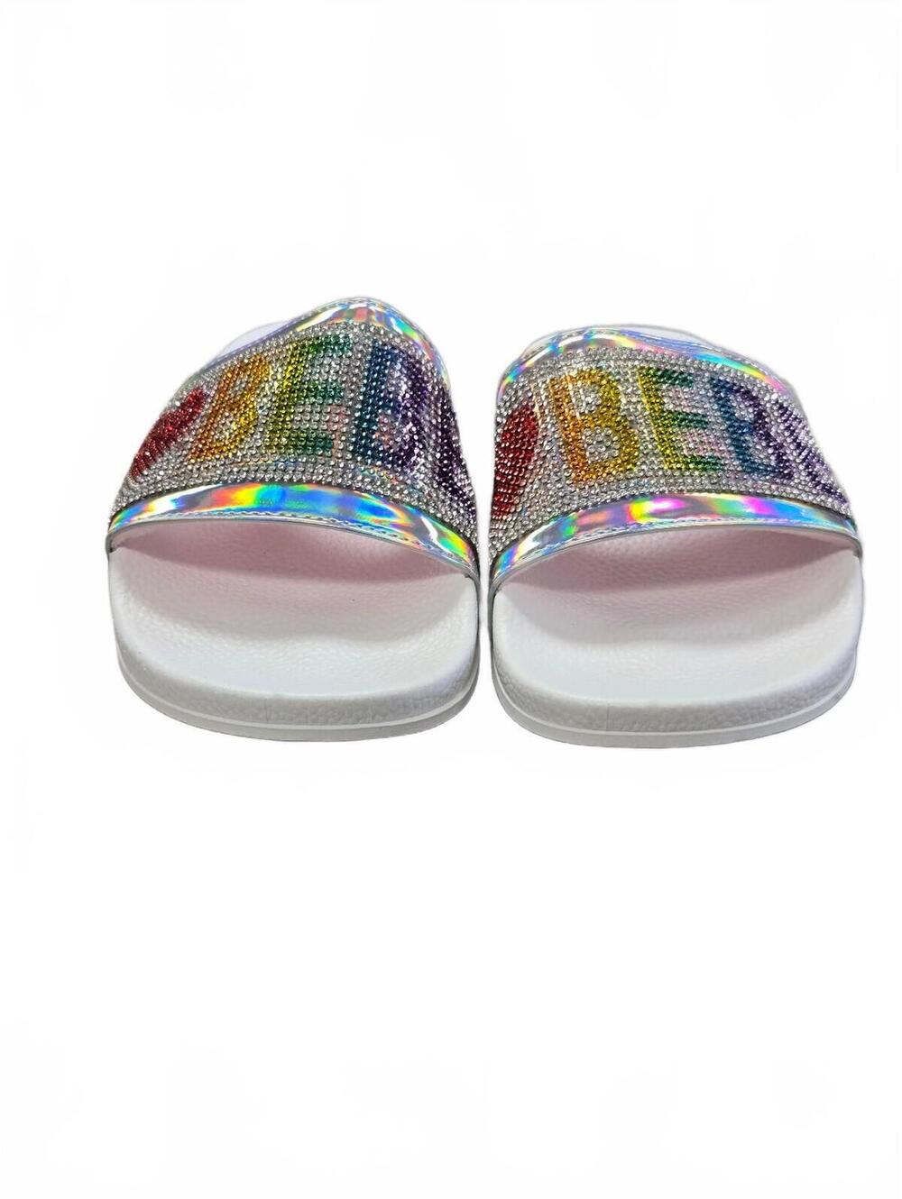bebe Girls White Slide Sandals with Multicolor Rhinestone Logo - Picture 1 of 7